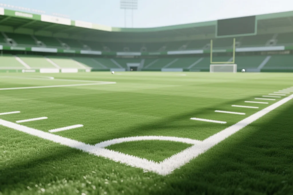 Fresh white line markings on a green pitch in a wide shot with an empty stand in the background
