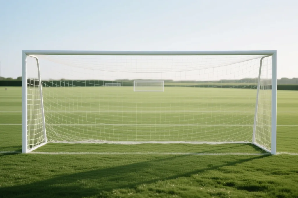 Two players contesting a header seen from behind at a distance on a green pitch