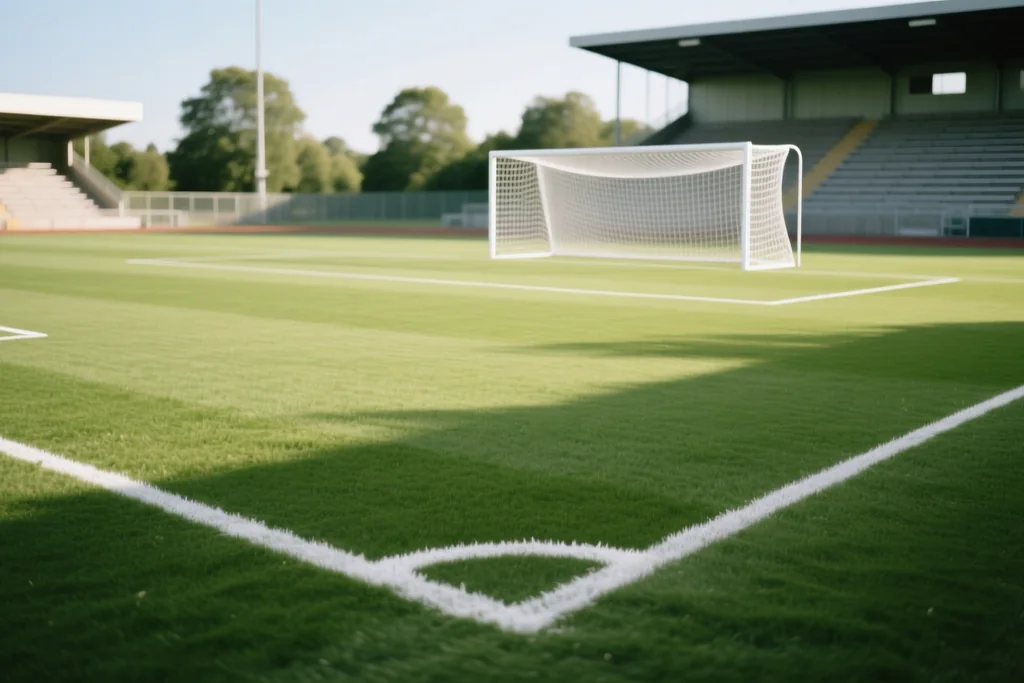 Empty penalty area of a green football pitch with white markings and a goal with net in the distance