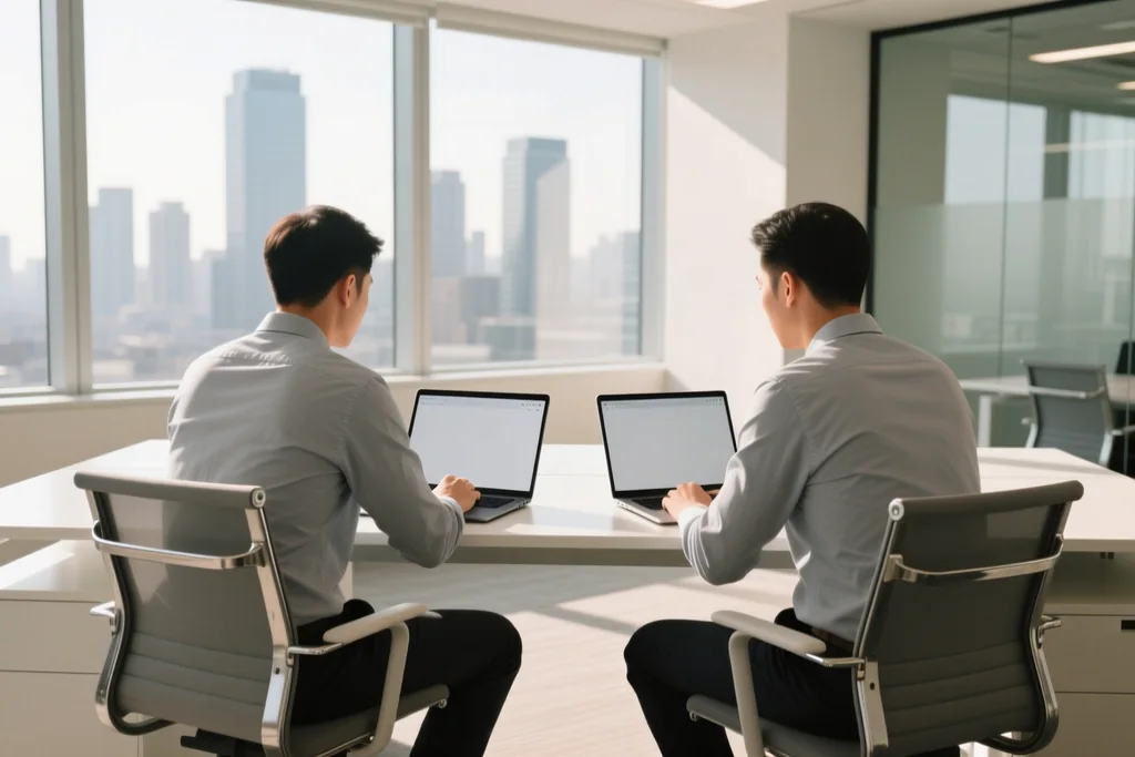 Recruitment meeting room with a plain board, closed laptops and empty chairs seen from the doorway