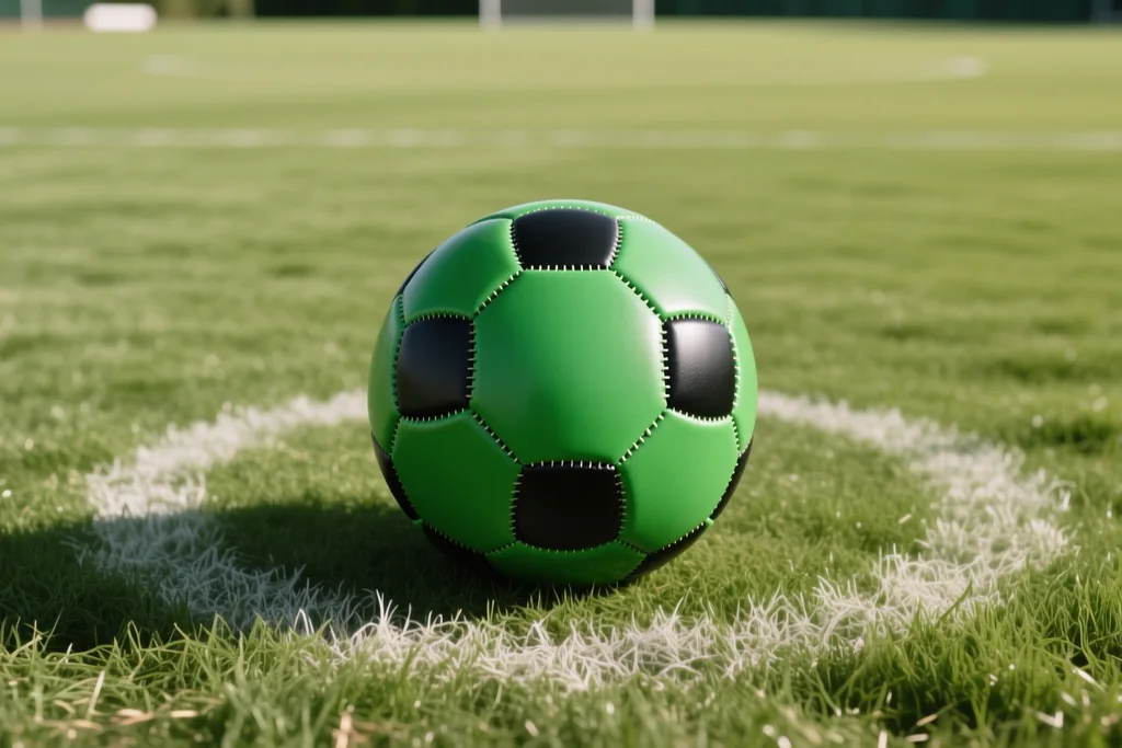 Classic round stitched football with black pentagon panels on the green centre circle of an empty pitch