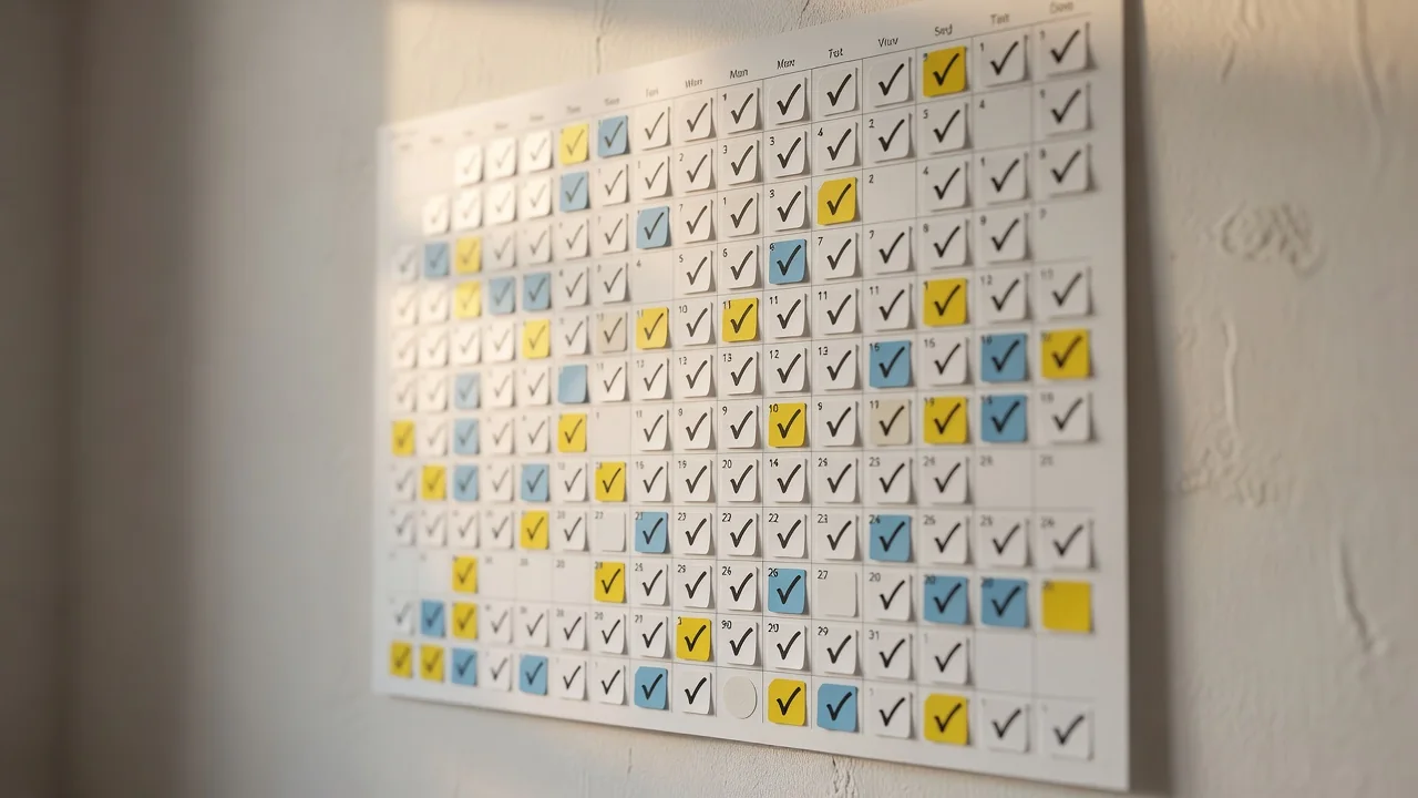 A wall calendar with daily recovery checkmarks over 90 days