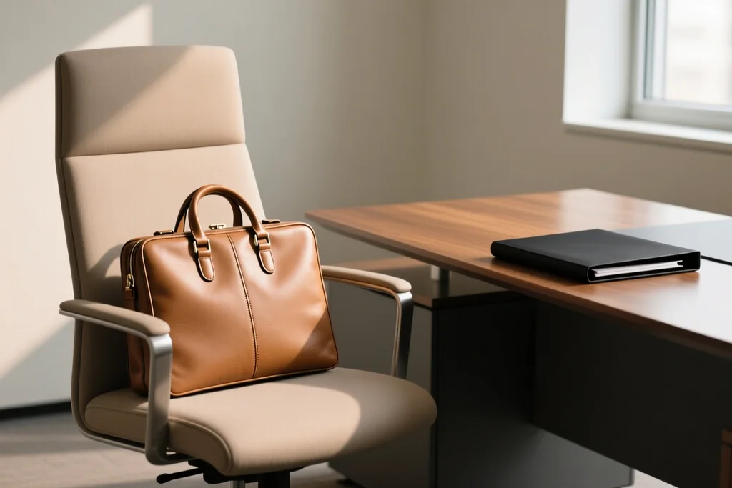 Plain leather briefcase and a closed folder on an office chair beside a desk in soft daylight