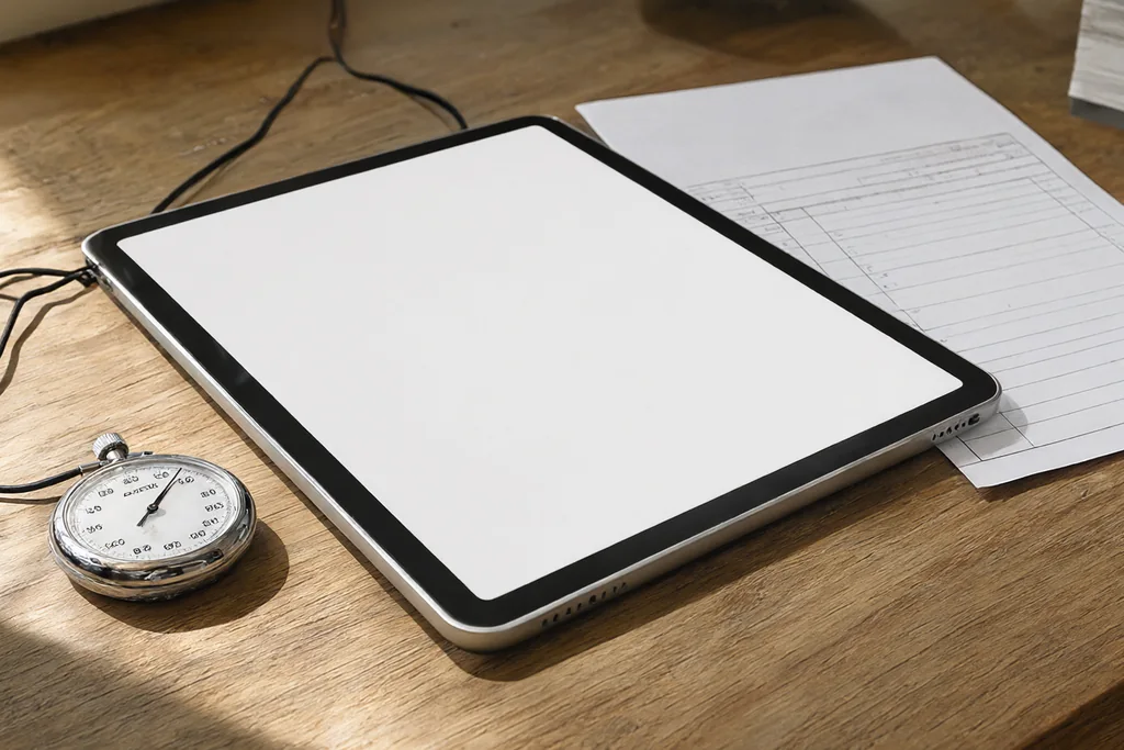 Tablet on a wooden desk beside a mechanical stopwatch and a printed blank form