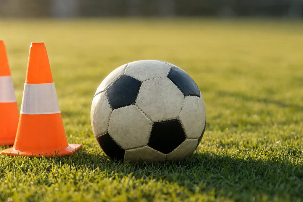 Row of small orange training cones and a classic round stitched football on green grass in morning light
