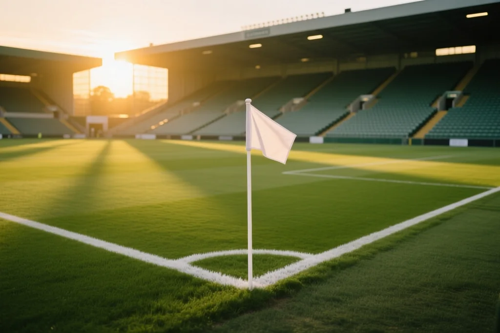 Corner flag on a green pitch beside a white touchline with empty stadium rows behind