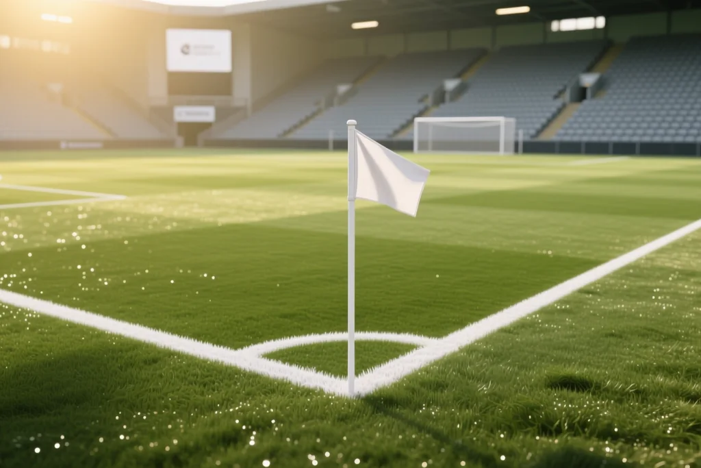 White touchline and a corner flag on a green pitch in low afternoon light with empty stadium seats