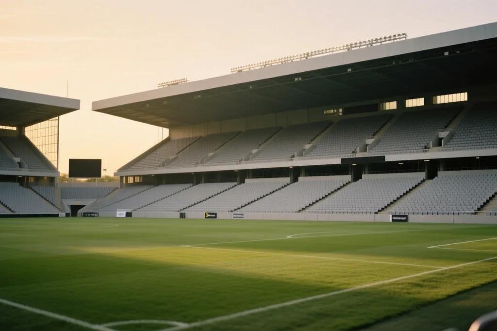 Empty stadium stand of plain grey seats in soft evening light with a green pitch in front