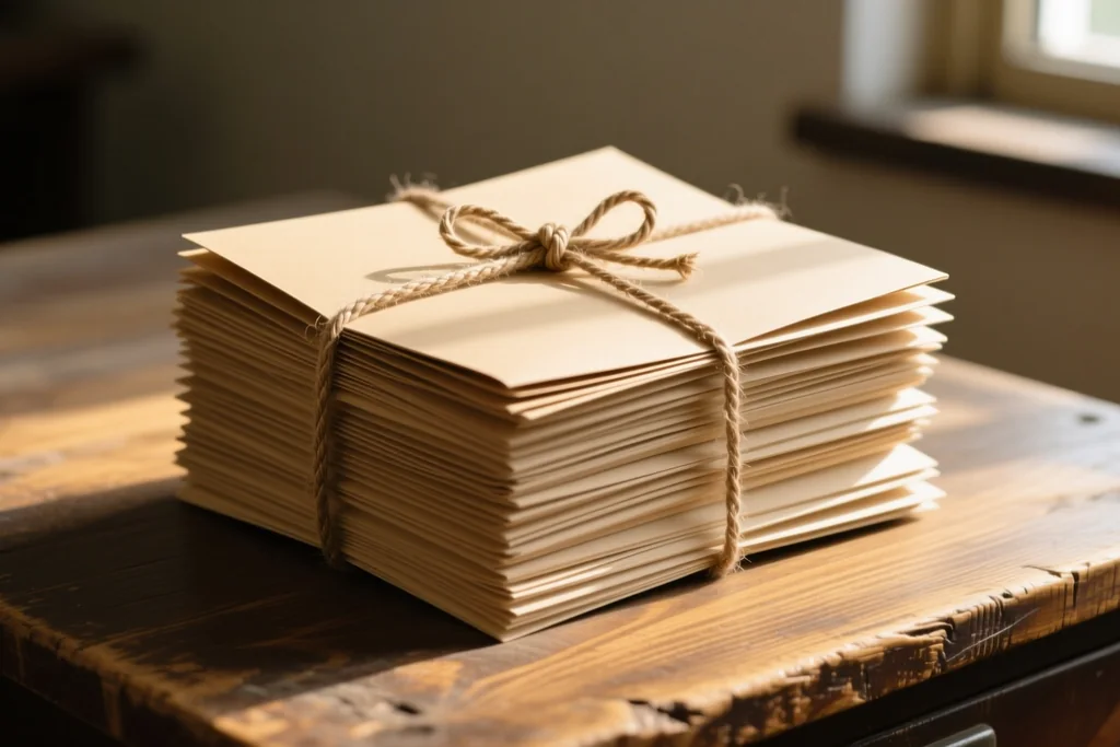 Stack of plain manila folders tied with string on a wooden desk in warm daylight