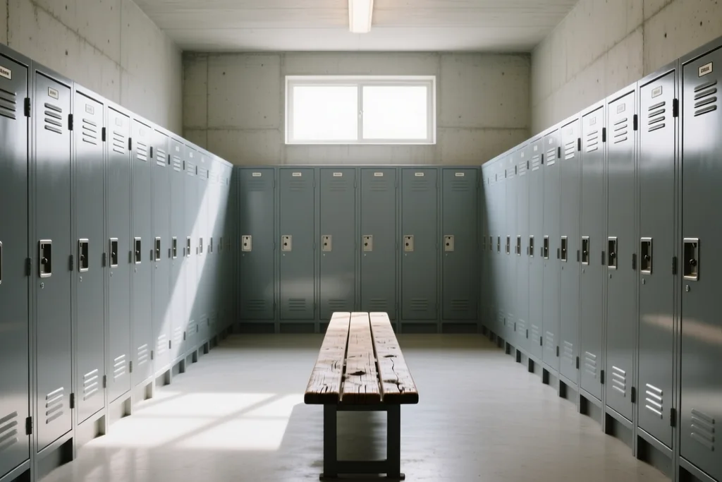 Empty locker room with plain metal lockers and a wooden bench in clean daylight