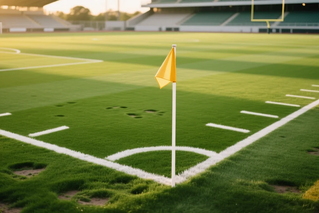Green football pitch with fresh white mown stripes seen from beside a corner flag