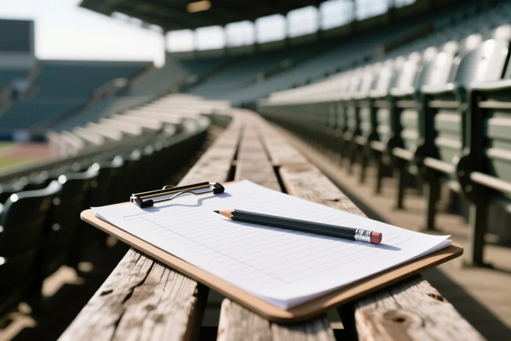 Plain clipboard with blank ruled paper and a pencil on a wooden bench in an empty stand