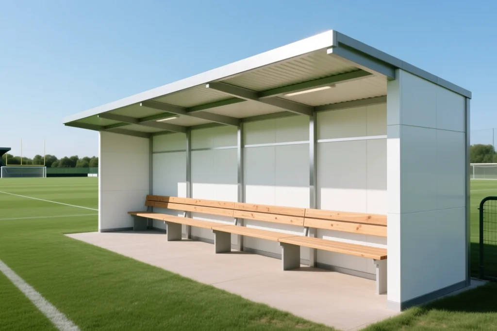 Empty dugout with plain benches under a canopy at the side of a green pitch