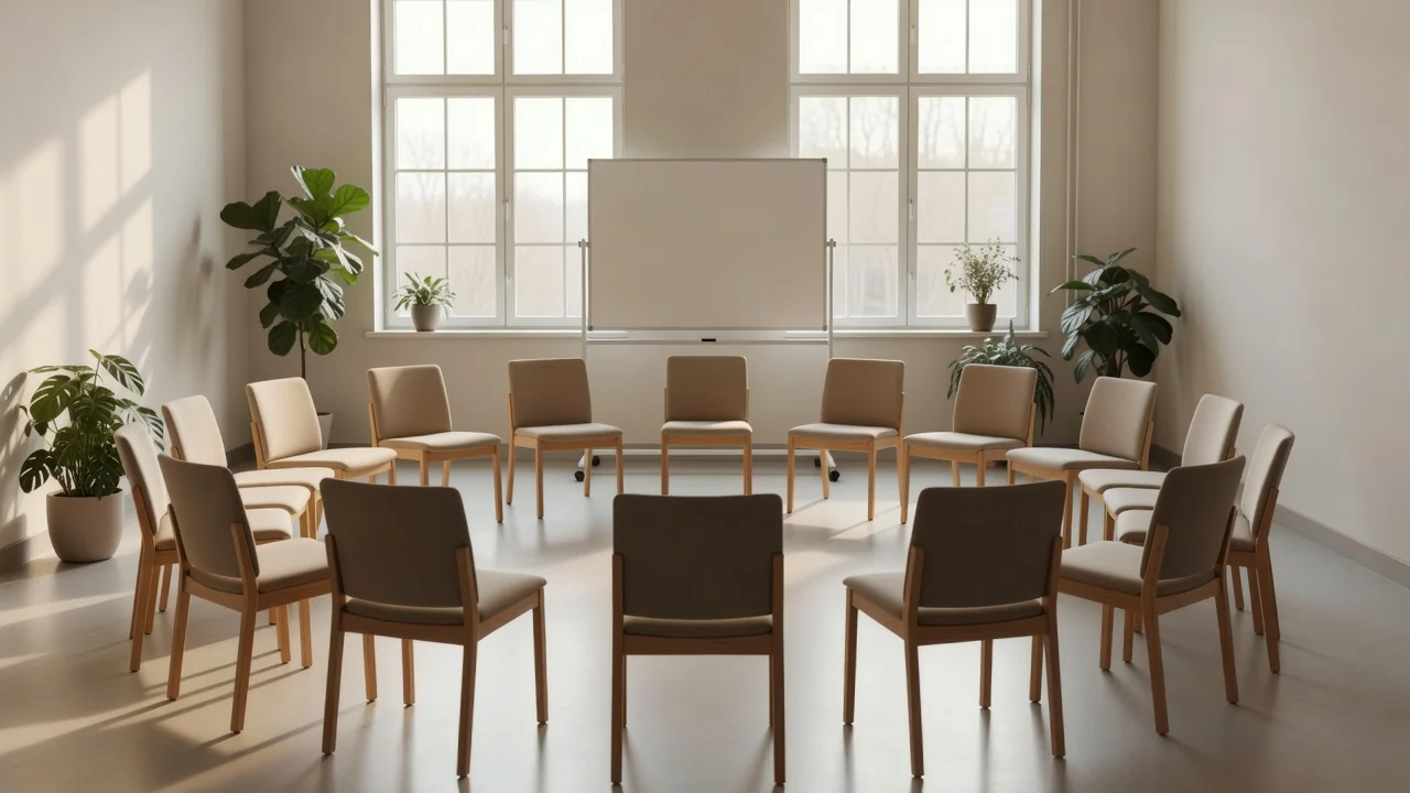 Morning group session in a residential treatment program
