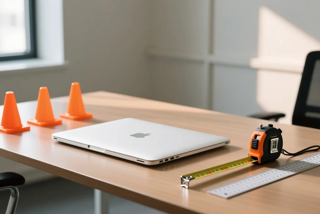 Sports science desk with a closed laptop, stopwatch, tape and small training cones