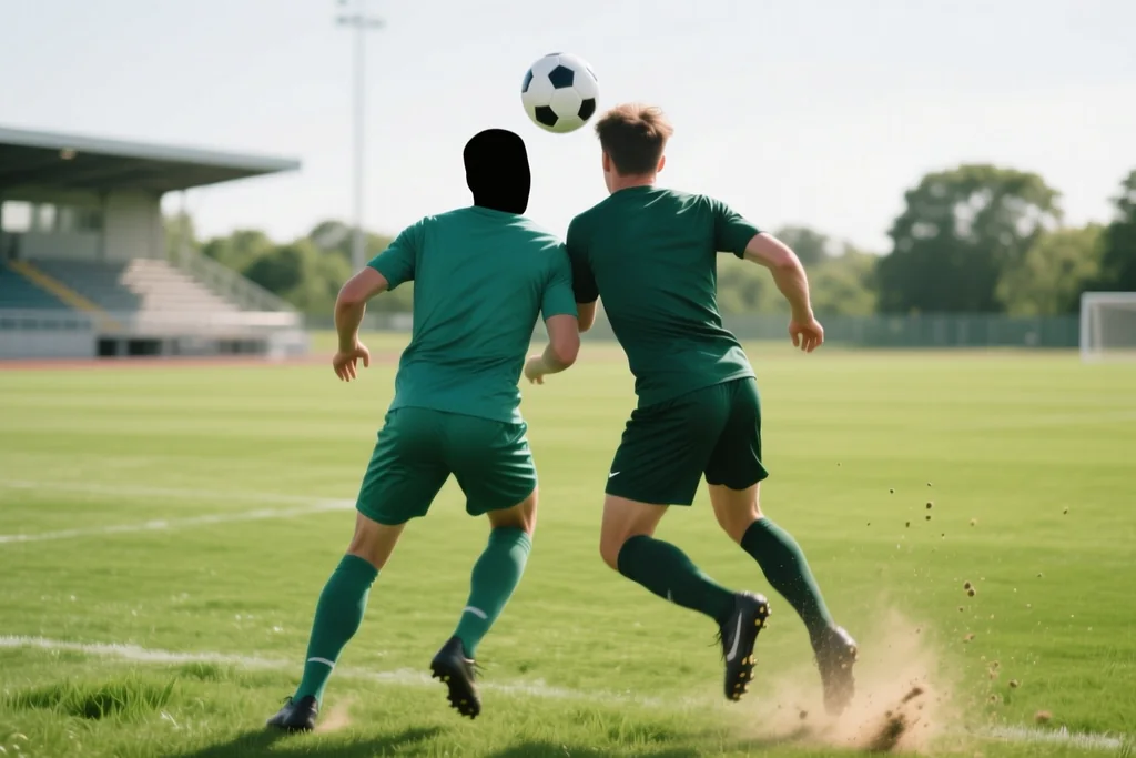 Two players contesting a header seen from behind at distance on a green pitch