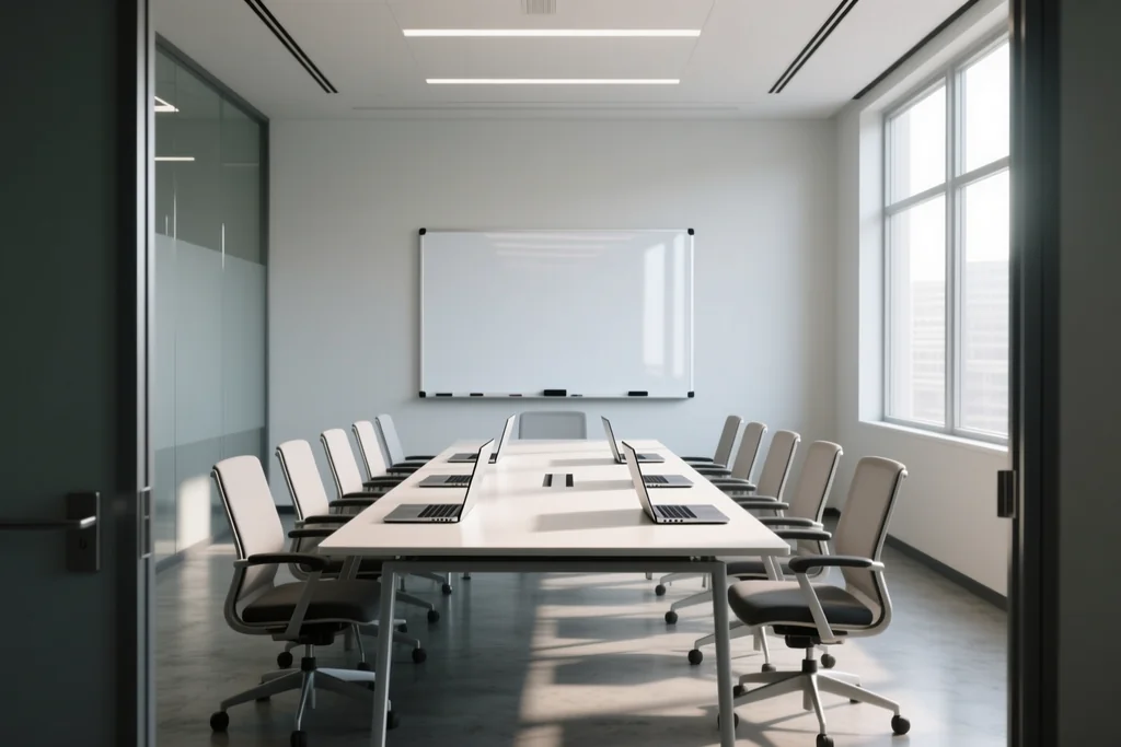 Recruitment meeting room with a long table, closed laptops and empty chairs
