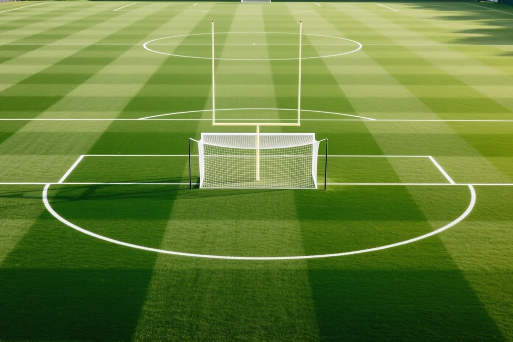Empty half of a football pitch from the halfway line with a goal and net in daylight