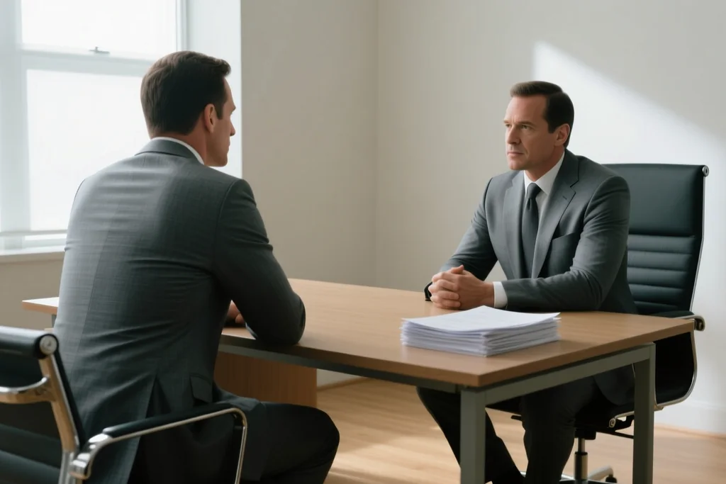 Agent and club official seated across a plain desk, both seen from behind