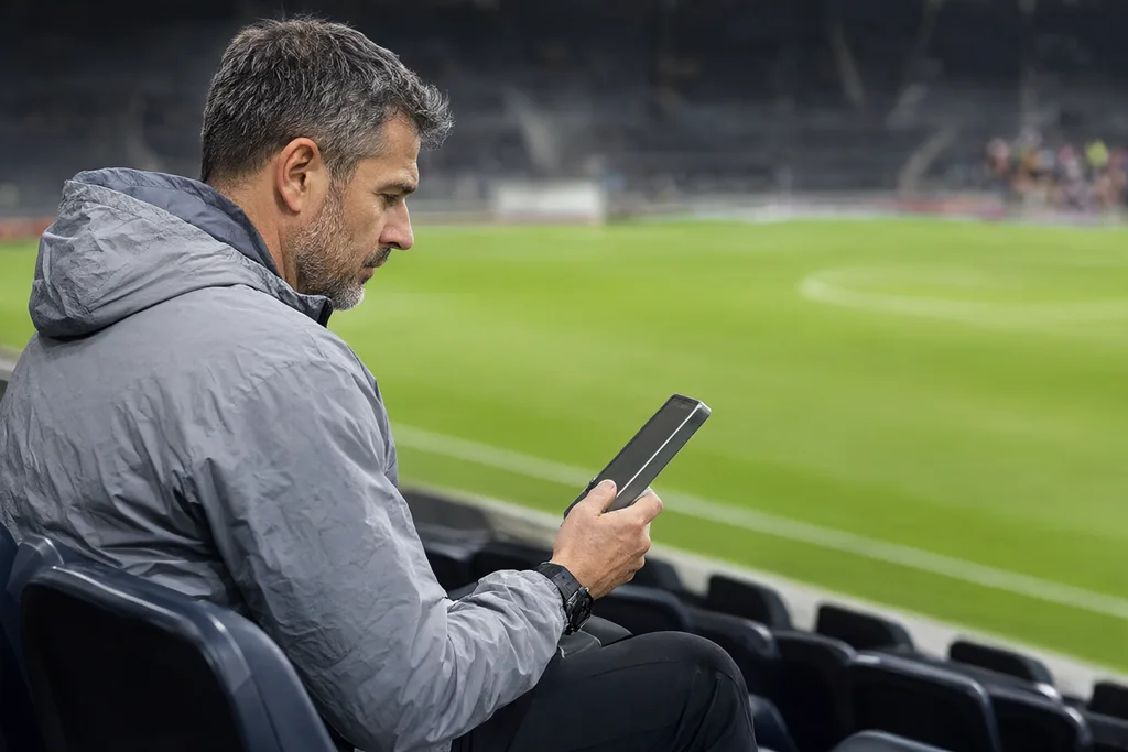 Coach in the stands holding a tablet, seen from behind with the pitch out of focus