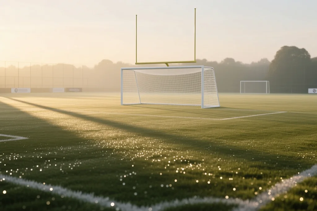 Solo player in plain kit training alone on an empty pitch seen from behind at distance