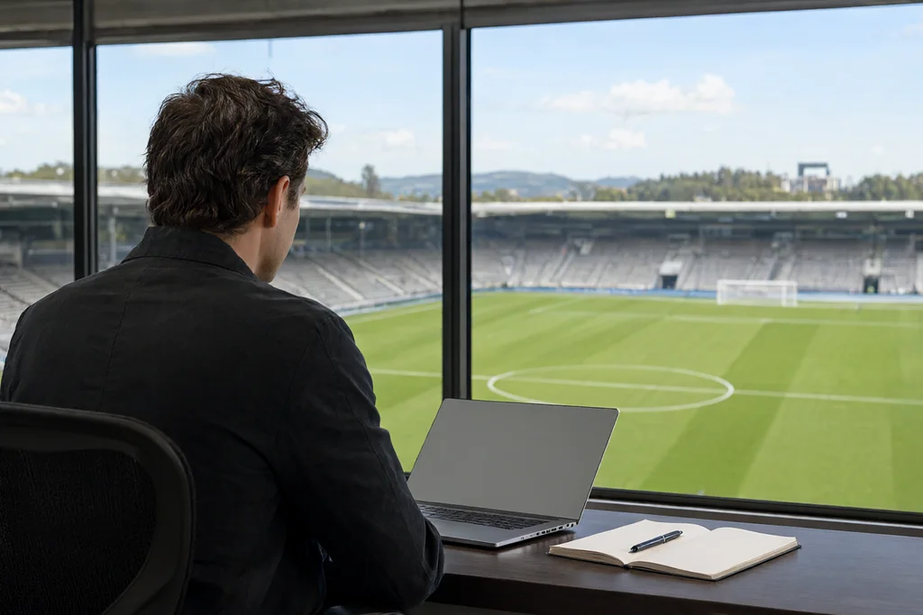 Scouting analyst seen from behind at a press box desk overlooking an empty pitch