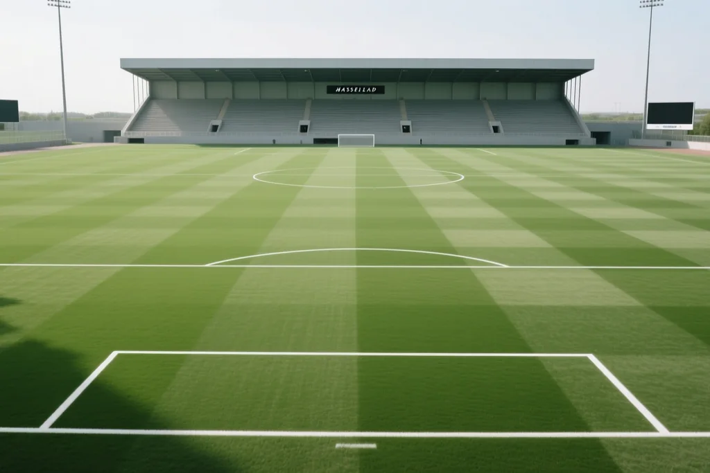 Wide attacker in plain kit facing away near the corner flag on a green pitch