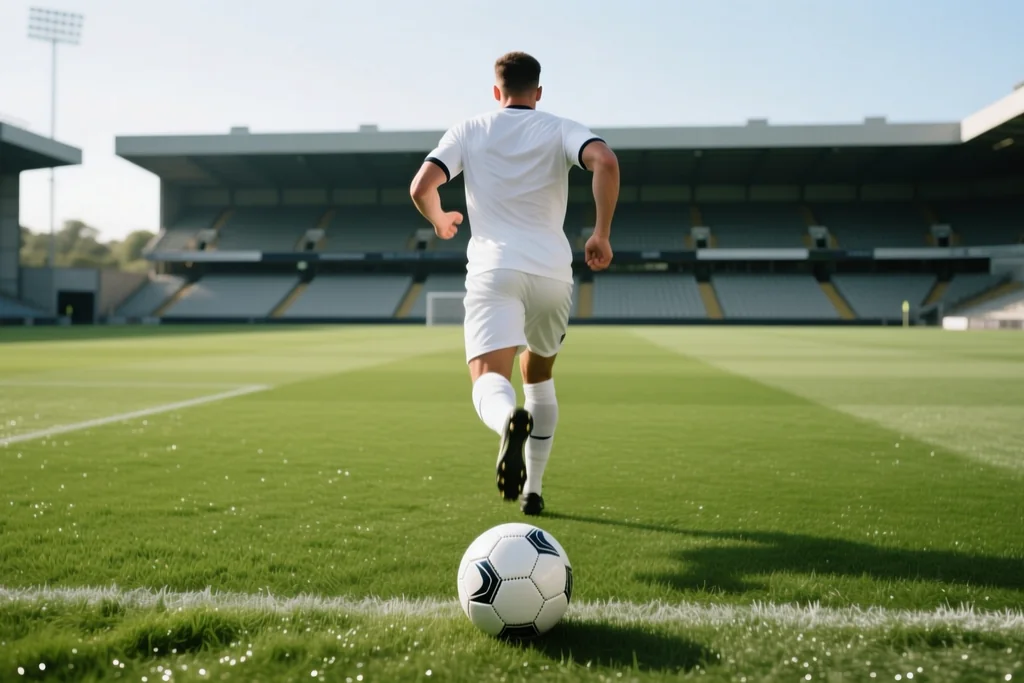 Defender in plain kit seen from behind running down the touchline with the ball