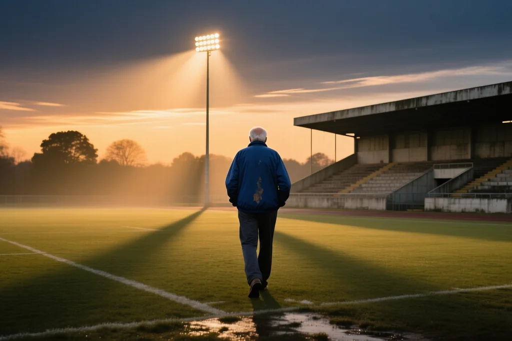 Retired professional walking away from an empty pitch at dusk seen from behind