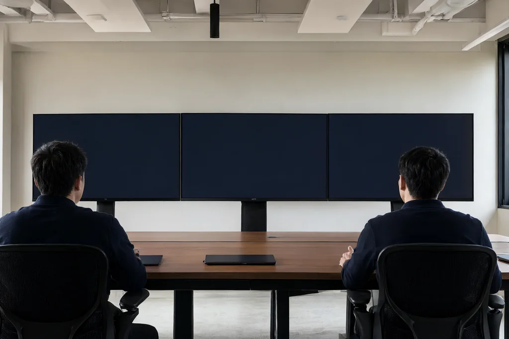 Two analysts at a long desk facing blank monitors in a video analysis room