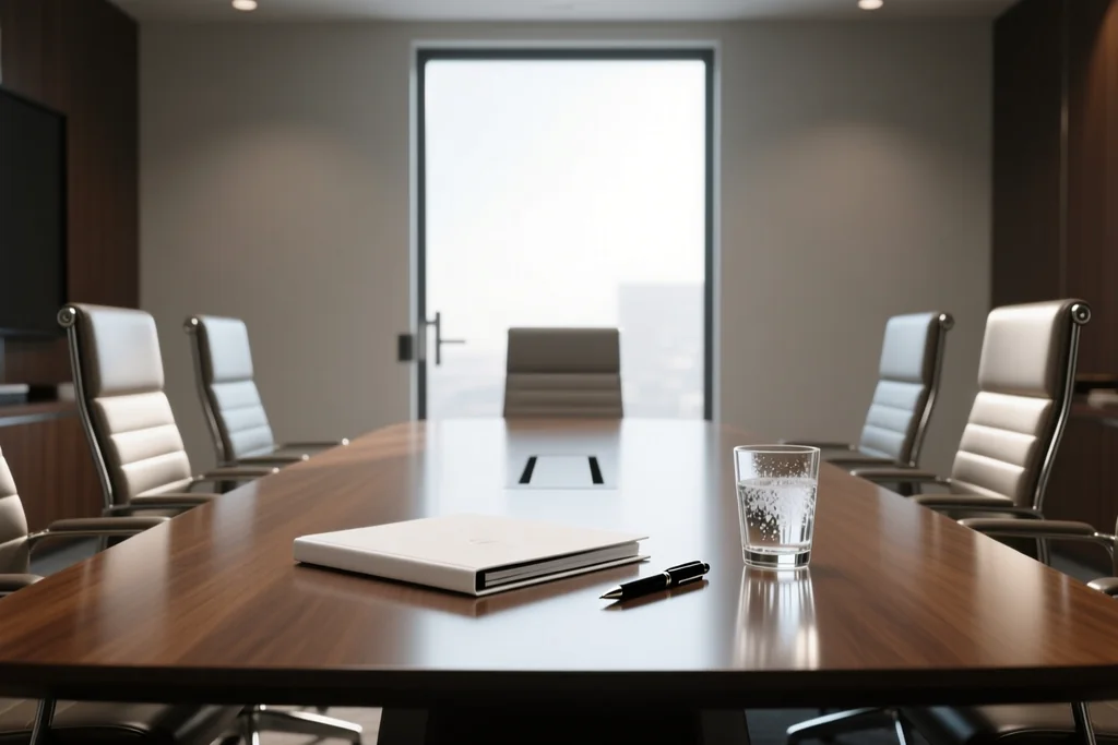 Boardroom table with a closed plain folder, pen and glass of water, empty chairs