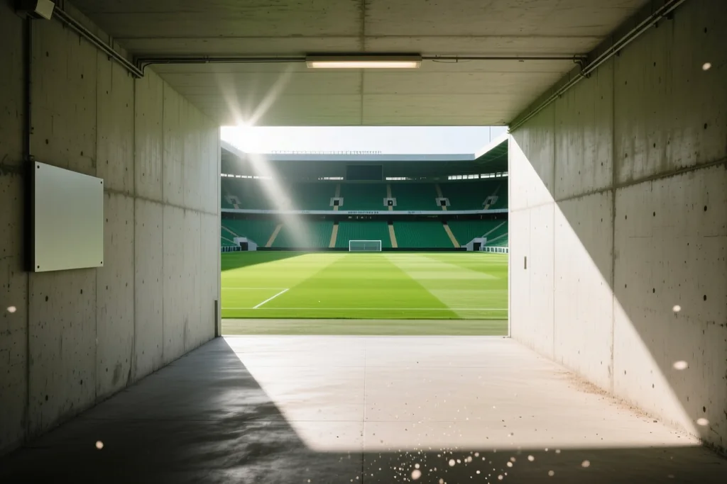 Empty stadium tunnel leading out towards a bright green pitch
