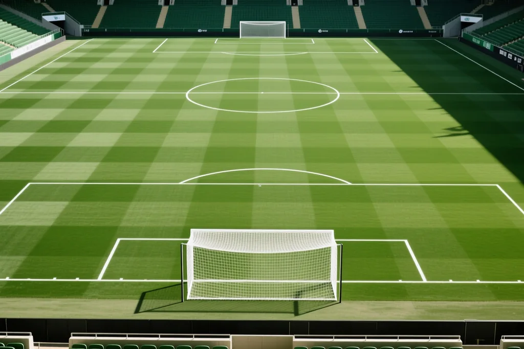 Empty football pitch seen from high in the stands with crisp white line markings