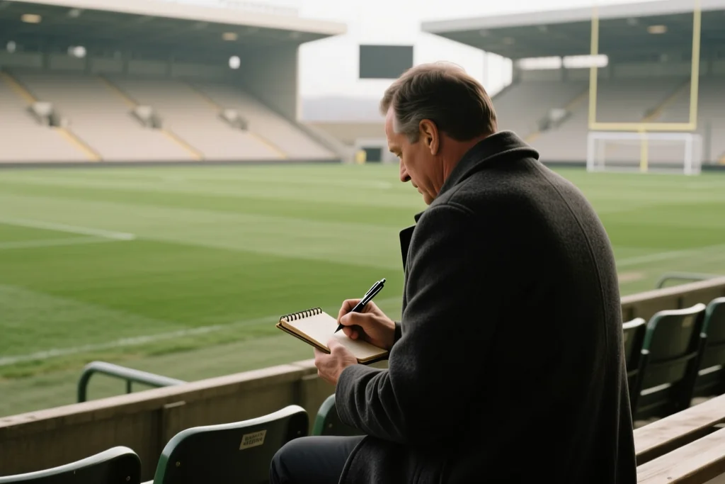 Scout in a dark coat watching from an empty stadium stand, seen from behind