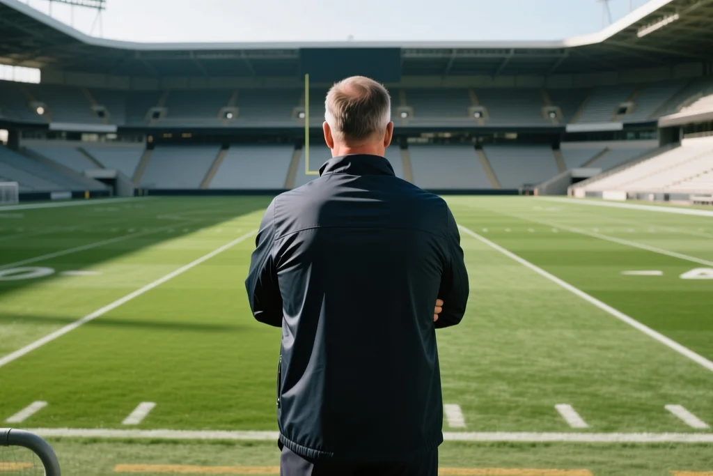 Head coach on the touchline of an empty stadium seen from behind, arms folded