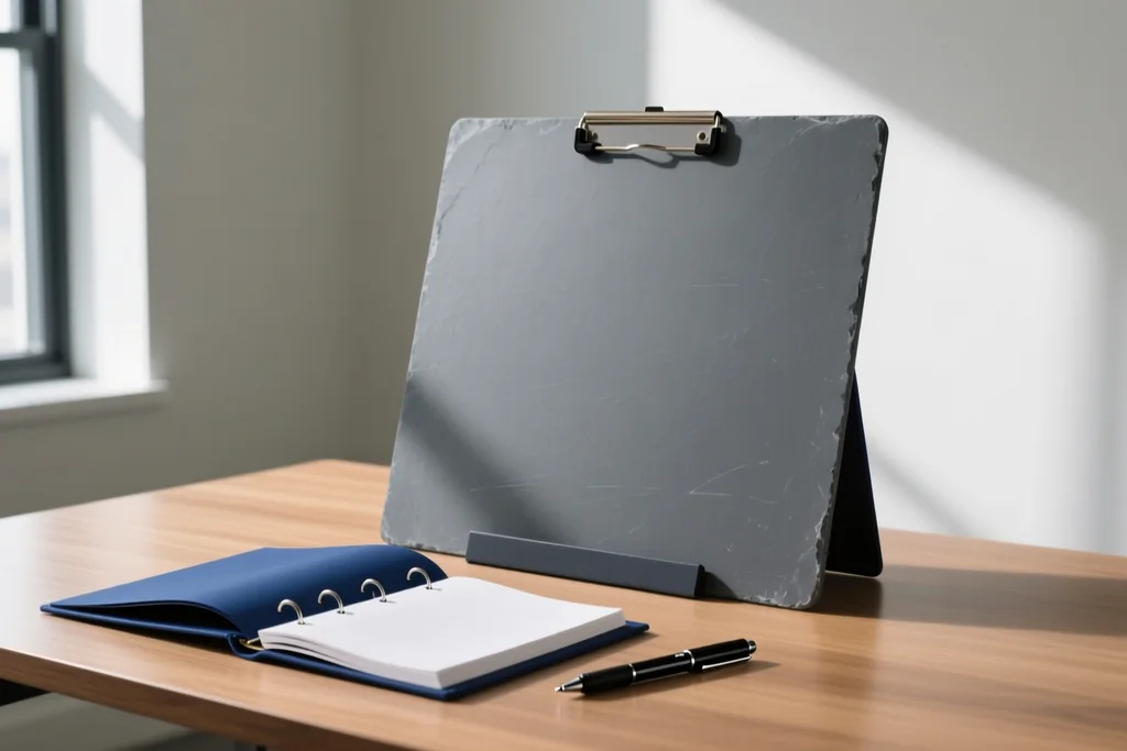 Plain slate-grey coaching board propped on a table beside a ring binder and pen
